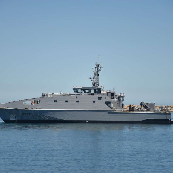 The Guardian-class Patrol Boat is a 39.5-meter steel patrol vessel designed for long-range Pacific patrols, featuring a 20-day endurance, modern sensors, a 30 mm gun, and a stern ramp for rapid boarding and maritime security operations (Picture source: Austal).