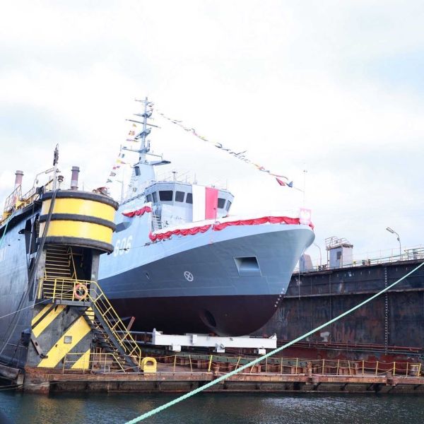 Polish Navy officials and shipyard engineers attend the launching ceremony of ORP Czajka, the sixth Kormoran II-class mine countermeasure vessel, at Remontowa Shipbuilding in Gdańsk on December 11, 2025.