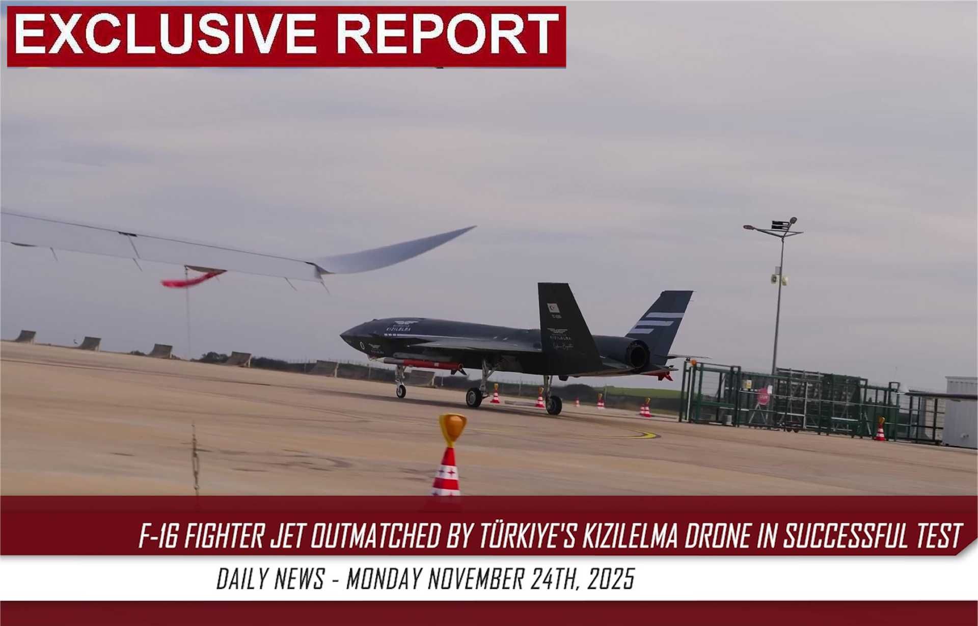 Bayraktar Kızılelma unmanned fighter jet seen taking off for a simulated air-to-air missile test, during which it successfully locked onto a Turkish F-16 using the indigenous Gökdoğan missile and Murad AESA radar system.