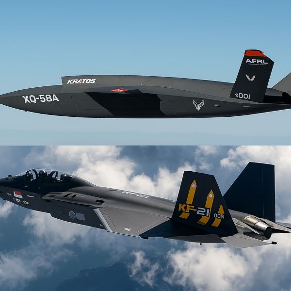 The image shows the South Korean KF-21 Boramae fighter jet flying beneath the American Kratos XQ-58A Valkyrie unmanned combat drone, both showcasing sleek stealth designs and advanced aerodynamics (Picture Source: Kratos and KAI)