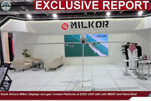 Milkor showcases its full-spectrum defense solutions at EDEX 2025, including the Milkor 380 armed UAV, Vanguard MRAP, Frontier APC, and Commander patrol boat, highlighting South Africa’s growing footprint in global defense innovation.