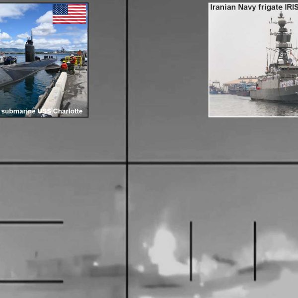 Screenshot from video footage released by U.S. Central Command showing the Iranian Navy Moudge-class frigate IRIS Dena during the sinking process in the Indian Ocean after reportedly being struck by MK-48 torpedoes fired by the U.S. Navy Los Angeles-class attack submarine USS Charlotte (SSN-766).