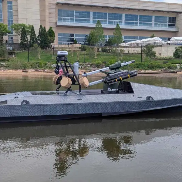 The armed Comet USV addresses the two primary threats for USVs (helicopters and small attack craft) by pairing Sidewinder for air targets and Hellfire for surface targets using complementary guidance modes. (Picture source: BlackSea Technologies)