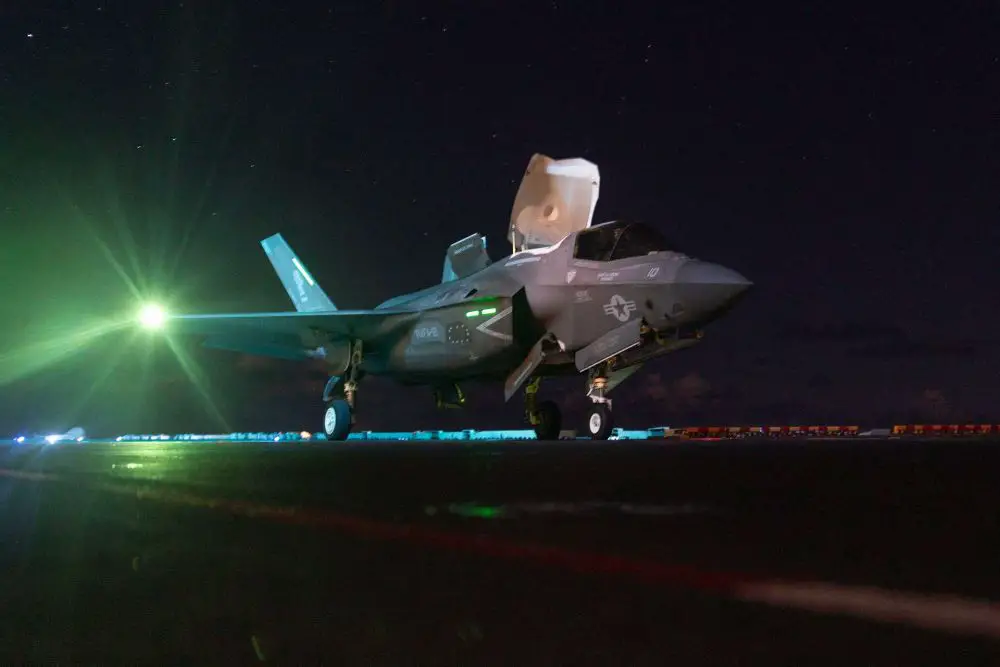 A U.S. Marine Corps F-35B Lightning II operates in the U.S. Central Command area, illustrating the aviation strike capability deployed with the Tripoli Amphibious Ready Group and 31st Marine Expeditionary Unit.