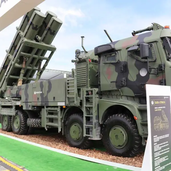 Turkish Company Roketsan displays its mobile launcher armed with the Kara Atmaca surface-to-surface cruise missile during SAHA Expo 2026, highlighting Turkey’s growing indigenous long-range precision strike capability.