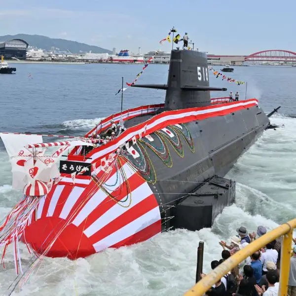 JS Sogei (SS-518), Japan’s newest Taigei-class submarine, features advanced lithium-ion batteries, high-output diesel engines, and the ZQQ-8 sonar suite, giving it greater speed, stealth, and endurance. Armed with Type 18 torpedoes and Harpoon missiles, it enhances Japan’s undersea deterrence and operational reach across the first island chain (Picture source: Japanese Navy).