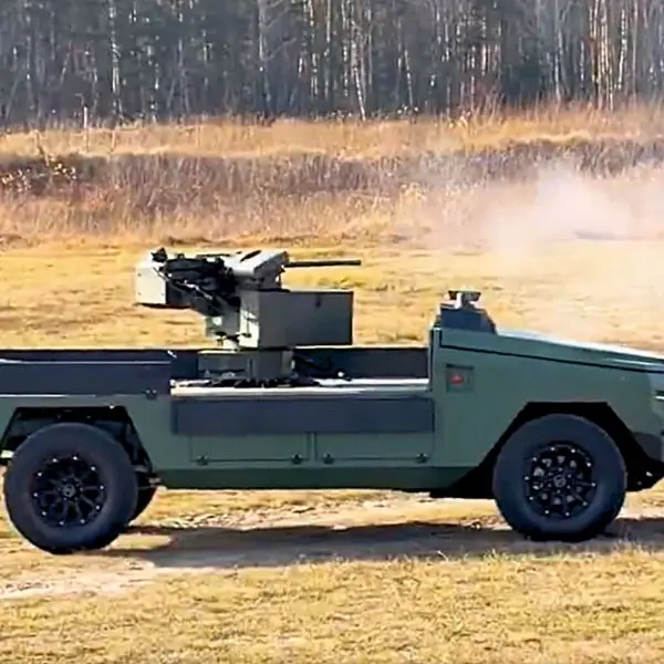 Protector is a truck-sized unmanned ground vehicle fitted with a Tavria 12.7 remote weapon station that lets Ukrainian forces deliver heavy machine gun fire from cover under full remote control (Picture Source: Ukrainian Armor)