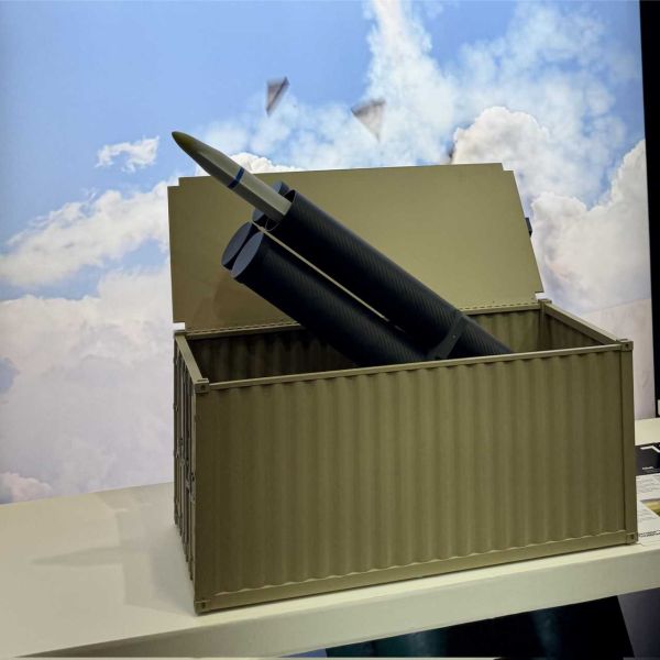 Scale model of Northrop Grumman’s AReS containerized missile launcher displayed at ADEX 2025, illustrating the ground-based deployment concept for the AGM-88G AARGM-ER.
