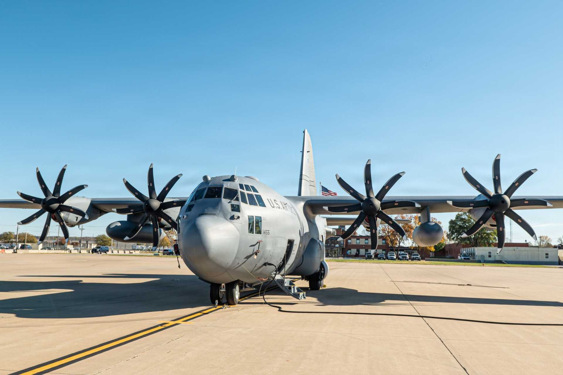 A C-130H3 Hercules assigned to the 139th Airlift Wing sits on the Rosecrans Air National Guard Base flightline on Nov. 5, 2025, marking the unit’s first H3 variant equipped with NP2000 eight-bladed propellers.