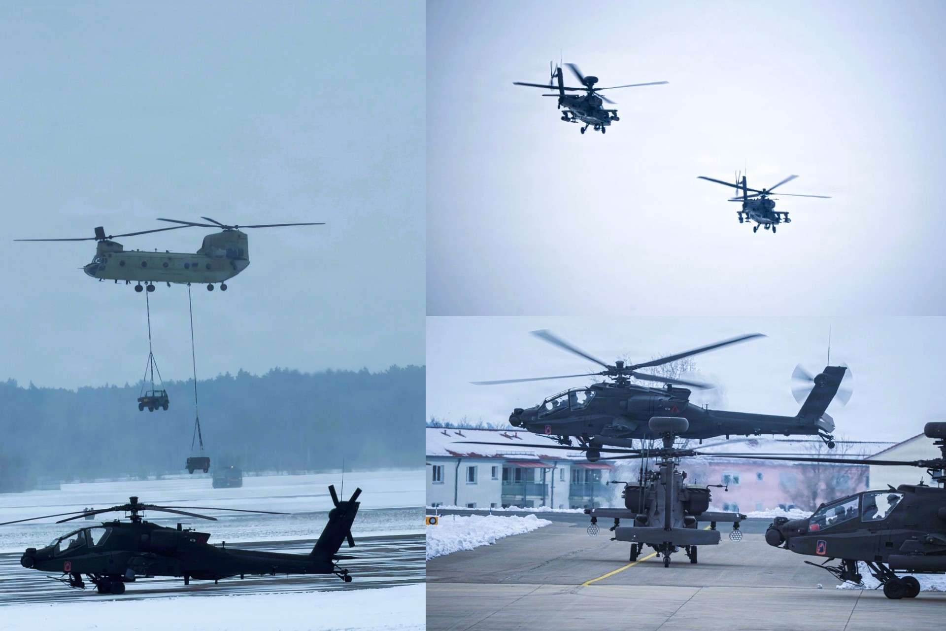 U.S. Army AH-64E Apache and CH-47F Chinook helicopters trained together in Germany, rehearsing how attack and heavy lift aviation protect and sustain NATO air mobility during allied operations (Picture Source: DVIDS)