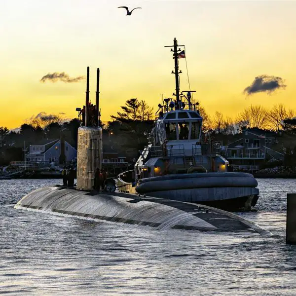 The upgraded U.S. Navy Los Angeles-class fast attack submarine USS Cheyenne (SSN 773) departs Portsmouth Naval Shipyard for post-overhaul sea trials in December 2025.
