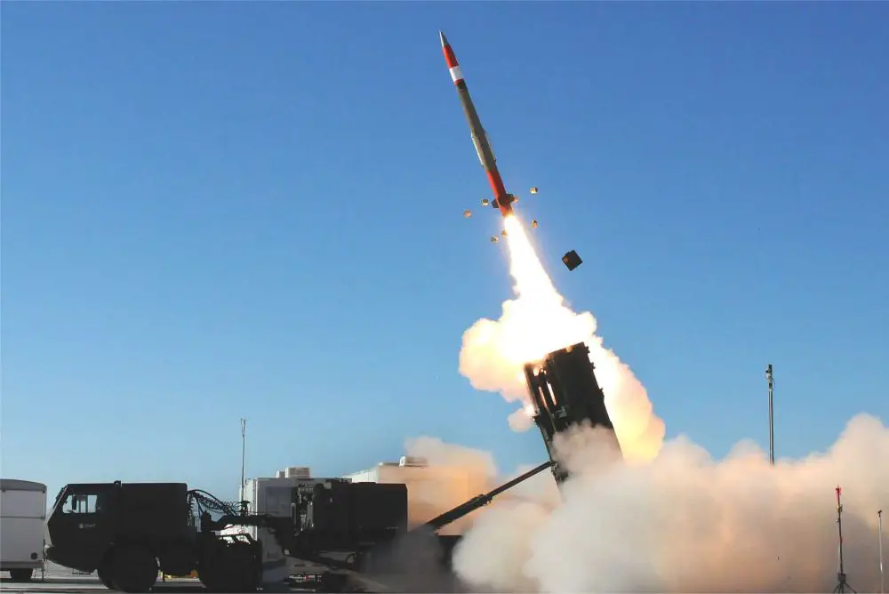 A PAC-3 MSE interceptor launches from a Patriot air and missile defense system. The missile uses hit-to-kill technology to defeat ballistic missile, cruise missile, and aircraft threats.
