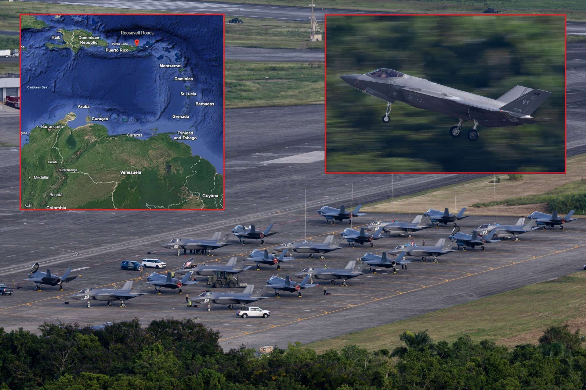The appearance of roughly 20 U.S. F-35 stealth fighters at Roosevelt Roads Naval Station in Puerto Rico marks the largest such deployment on the island and underscores a sharpened American military posture toward Venezuela amid rising regional pressure (Picture Source: Ricardo Arduengo / Google Earth)