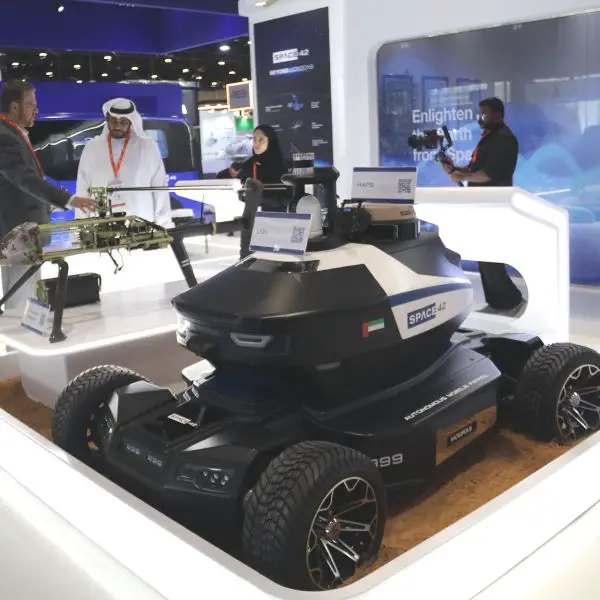 The newly unveiled AI-powered Unmanned Ground Vehicle (UGV) on display at the Space42 booth during UMEX 2026 in Abu Dhabi, showcasing its advanced sensor suite, rugged all-terrain chassis, and Satcom control antenna system designed for autonomous military and security missions.