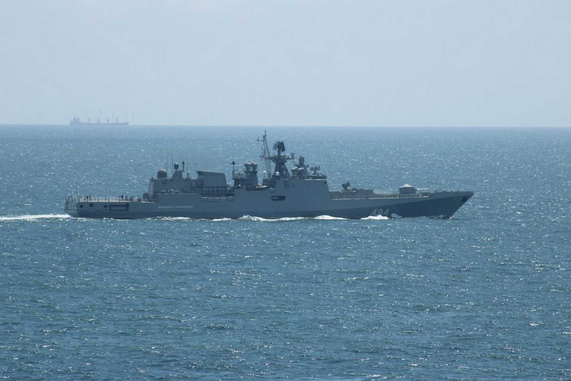 On June 16, 2026, the Russian Navy frigate Admiral Grigorovich fired 4 to 5 rounds of warning small-arms fire during an encounter with the 12-meter British sailing yacht Bright Future in the English Channel. (Picture source: Telegram/Russian Navy)