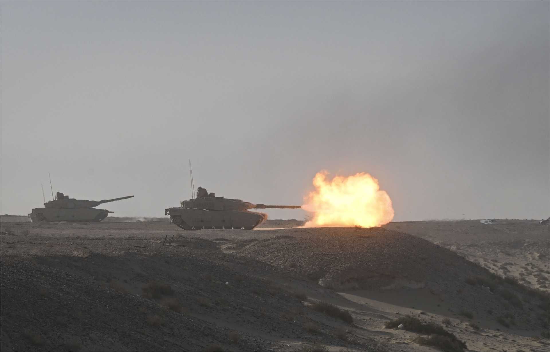 Qatari Leopard 2A7+ main battle tank conducts a live-fire exercise during Ferocious Falcon 6, demonstrating enhanced armored capability and bilateral interoperability with U.S. and allied forces.