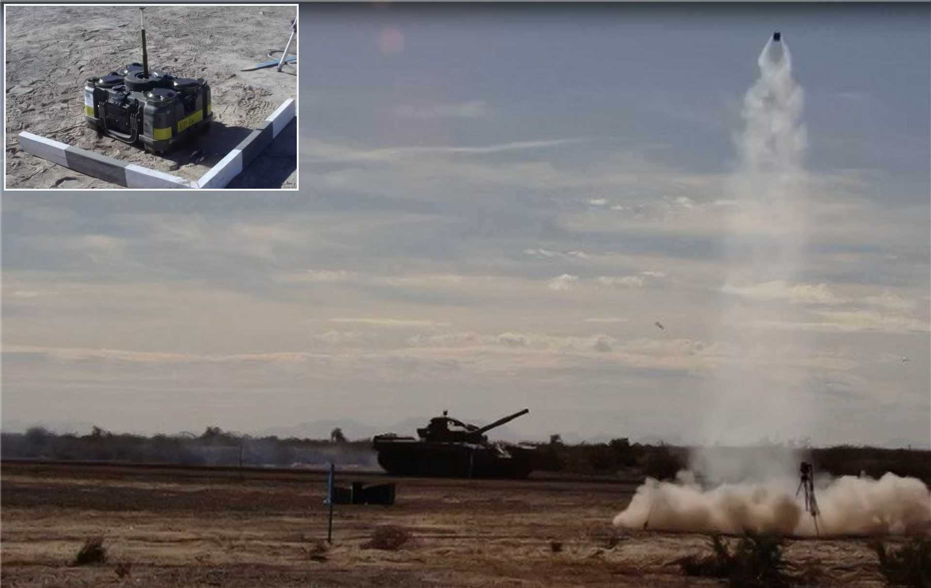 Live launch of XM204 top-attack anti-tank ammunition before engaging a target with a top-down strike. The XM204 is optimized for lethal effect against armored vehicles, including T-72 and T-90 tank variants.