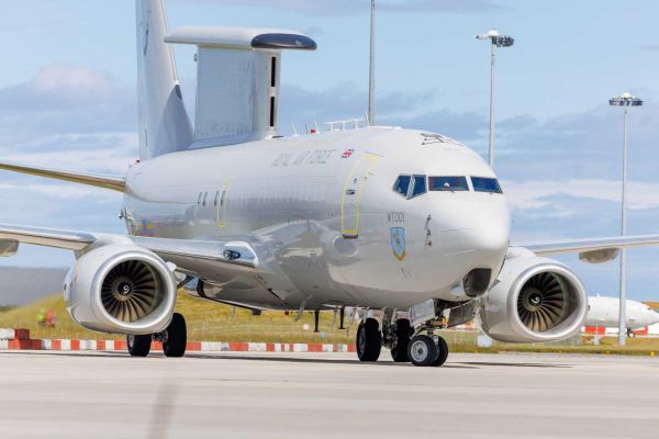 The E-7 Wedgetail, based on the Boeing 737 Next Generation airframe, uses Northrop Grumman's Multi-role Electronically Scanned Array radar mounted inside a fixed dorsal “top hat” structure instead of the rotating rotodome used on the E-3 Sentry. (Picture source: UK MoD)
