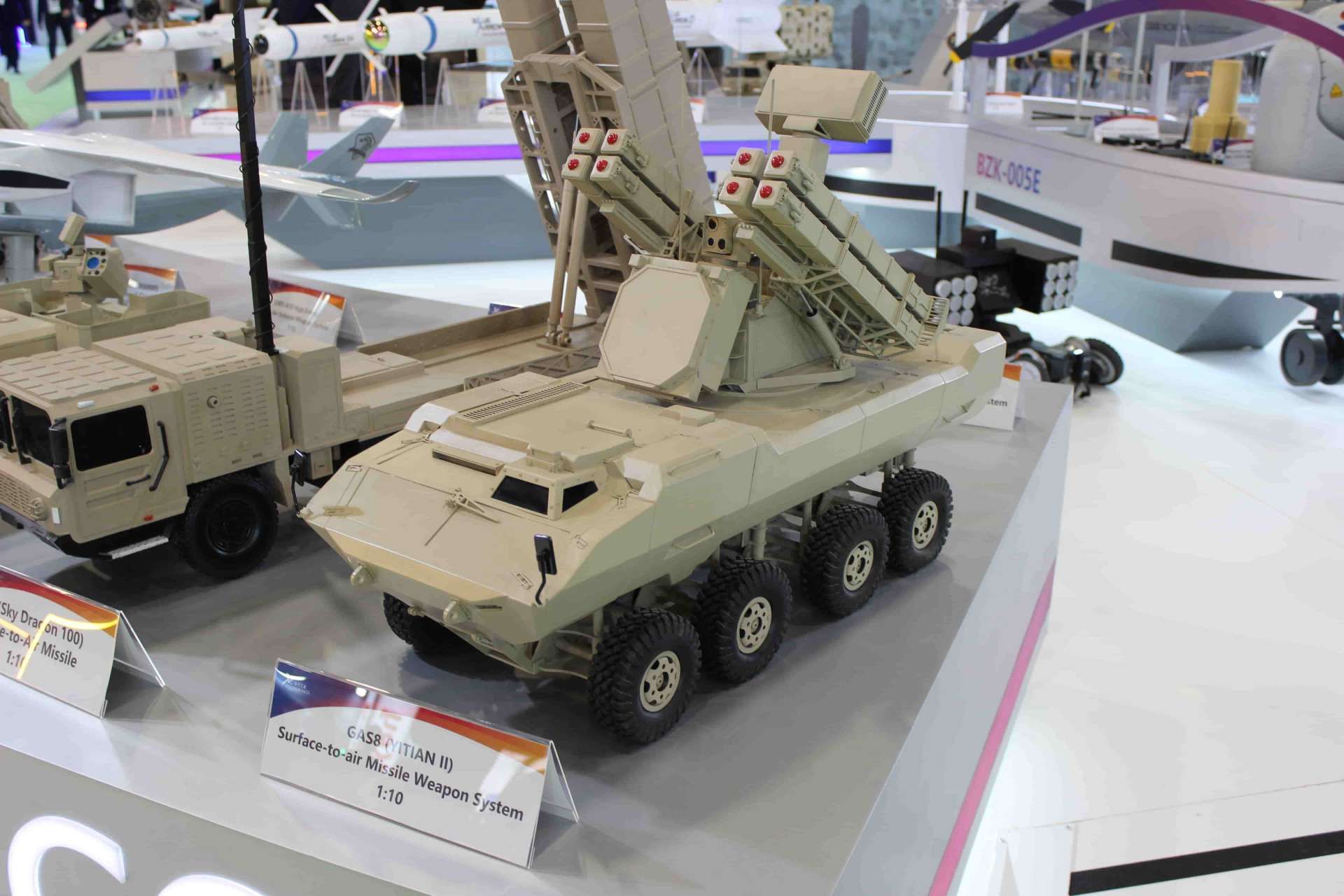 GAS8 Yitian II Chinese 8x8 short-range air defense missile system displayed at SAHA 2026, designed to intercept drones, helicopters, cruise missiles and low-altitude aircraft with integrated radar, electro-optical sensors and eight ready-to-launch missiles (Picture source: Army Recognition Group).
