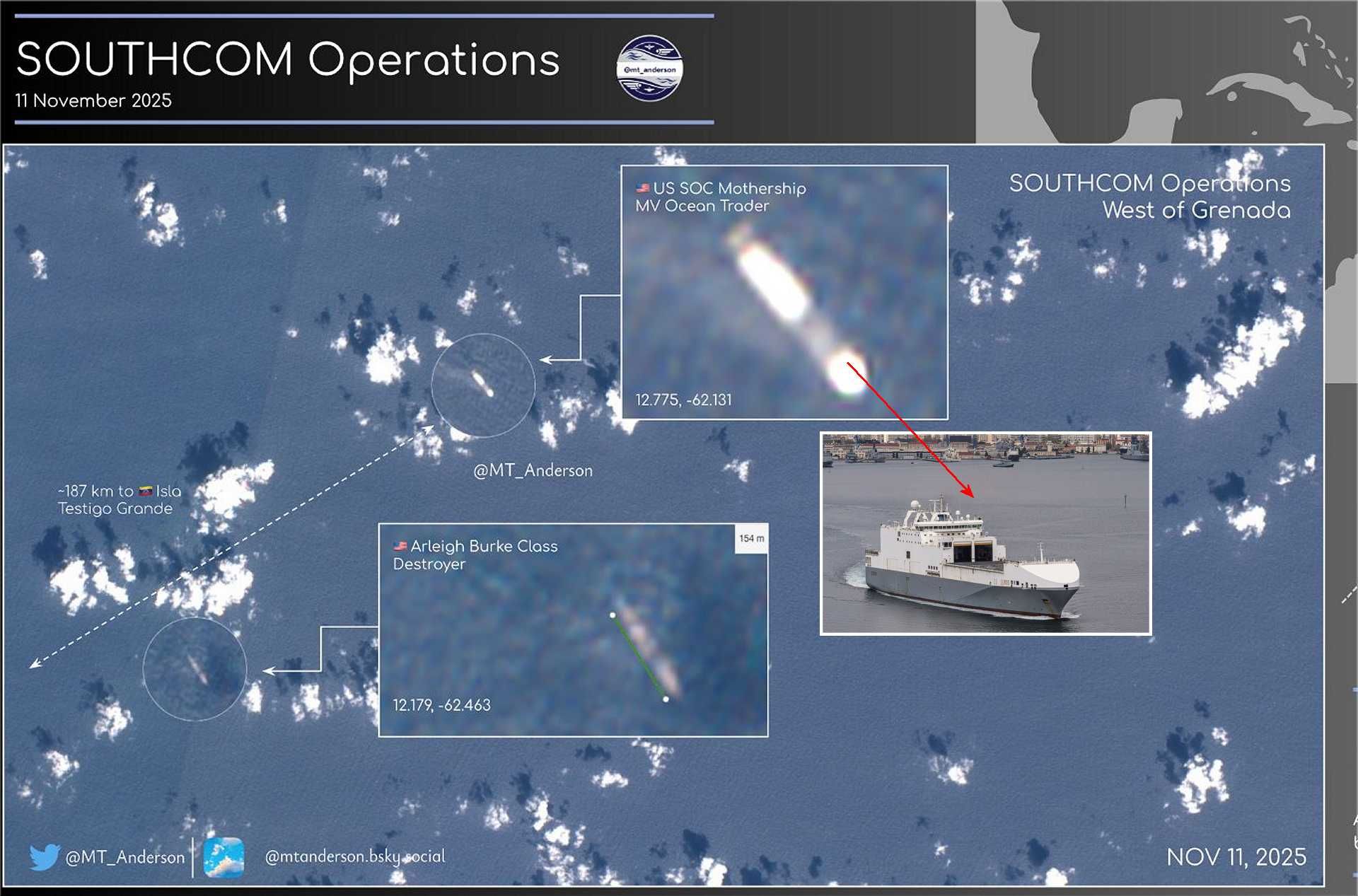 Satellite image shows U.S. special operations support vessel MV Ocean Trader operating alongside an Arleigh Burke-class destroyer northwest of Grenada on November 11, 2025. Imagery sourced via the European Space Agency and first published by defense analyst MT Anderson.