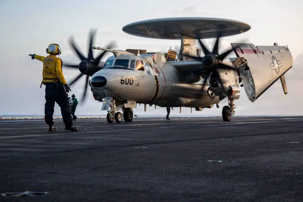 E-2D Advanced Hawkeye from USS Abraham Lincoln provides real-time airborne command and control during Operation Epic Fury, detecting Iranian missiles and drone swarms at long range while coordinating integrated air and missile defense across U.S. naval and joint forces.