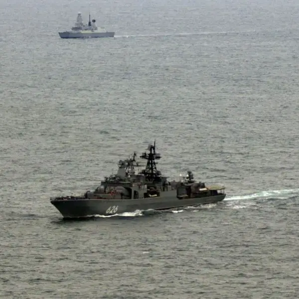 Russian Vice Admiral Kulakov Destroyer is in the foreground as British HMS Duncan tracks nearby. (Picture source: British Royal Navy)