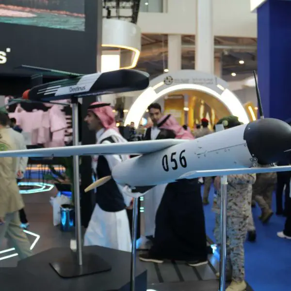 Destinus Hornet Block 1 surface-to-air interceptor displayed at World Defense Show WDS 2026 in Riyadh showcasing its compact aerodynamic design and mid-wing configuration tailored for 45 km counter drone operations within layered GBAD networks