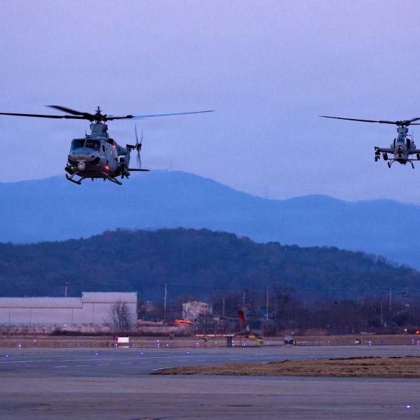 U.S. Marines assigned to Marine Light Attack Helicopter Squadron 369, Marine Aircraft Group 36, 1st Marine Aircraft Wing, arrive at Osan Air Base, Gyeonggi-do, South Korea, on March 19, 2026, to support Korea Marine Exercise Program (KMEP) 26.1.