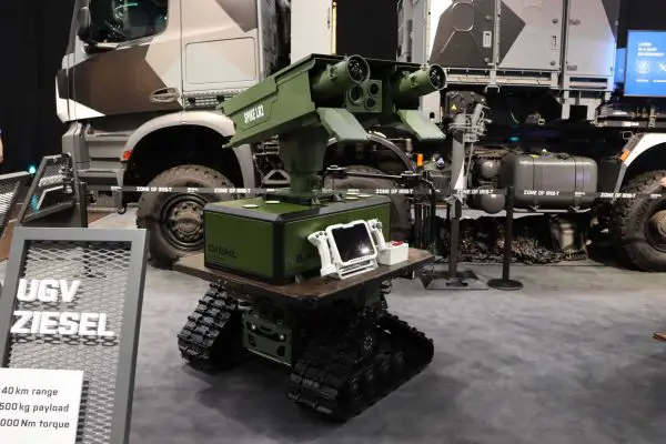 Diehl Defence’s Ziesel unmanned ground vehicle armed with SPIKE LR anti-tank guided missiles is displayed during Enforce Tac 2025 in Nuremberg, Germany, where the robotic combat system was unveiled ahead of successful live-fire trials conducted with RAFAEL and EuroSpike GmbH.