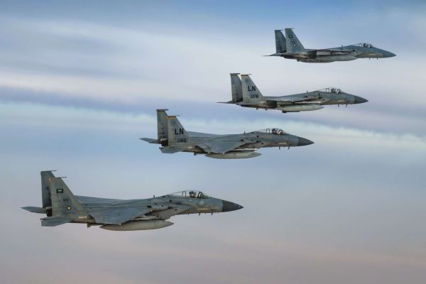 Royal Saudi Air Force and U.S. Air Force F-15C Eagles fly in formation over the U.S. Central Command area of responsibility on June 2, 2019, demonstrating joint cooperation and operational interoperability (Picture Source: Royal Saudi Air Force / U.S. Air Force)