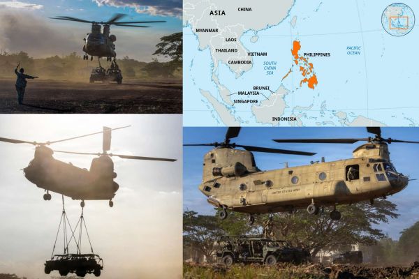 The U.S. Army used a CH-47F Chinook to airlift two M1301 Infantry Squad Vehicles during Exercise Salaknib 2026 in the Philippines, demonstrating rapid island combat mobility for Indo-Pacific defense operations (Picture Source: U.S. Army/Bitannica, edited by Army Recognition Group)