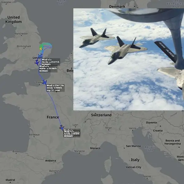 Twelve US Air Force F-22 Raptors departed RAF Lakenheath under tanker escort toward the CENTCOM theater, signaling a major shift in US airpower posture amid escalating tensions with Iran (U.S. Air Force/Flightradar24)