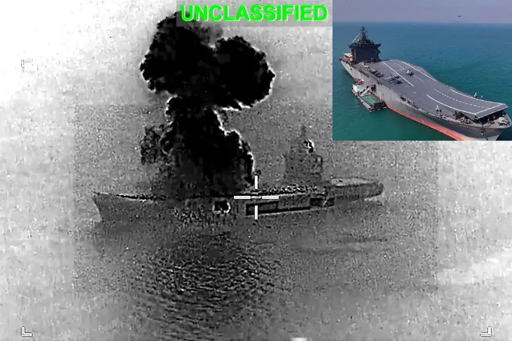 The Shahid Bagheri burns after a U.S. strike, marking the destruction of Iran’s most ambitious sea-based drone warfare platform (Picture source: U.S. CENTCOM/ Screenshot from video by Iranian state media).