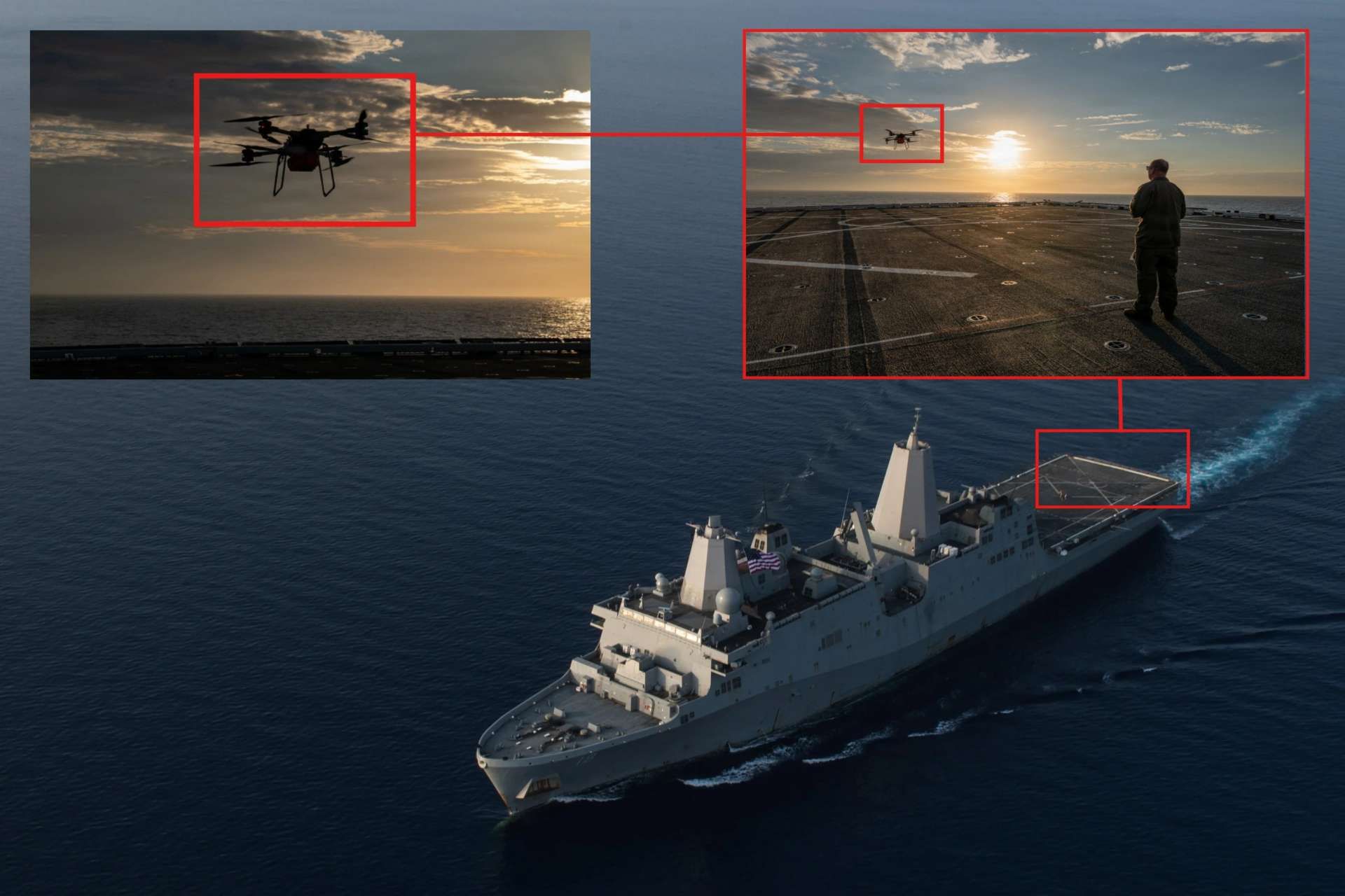 The U.S. Marine Corps tested the TRV-150C cargo drone aboard a San Antonio-class amphibious ship to enable faster, lower-risk resupply between ships and shore in dispersed naval operations (Picture Source: U.S. Navy)