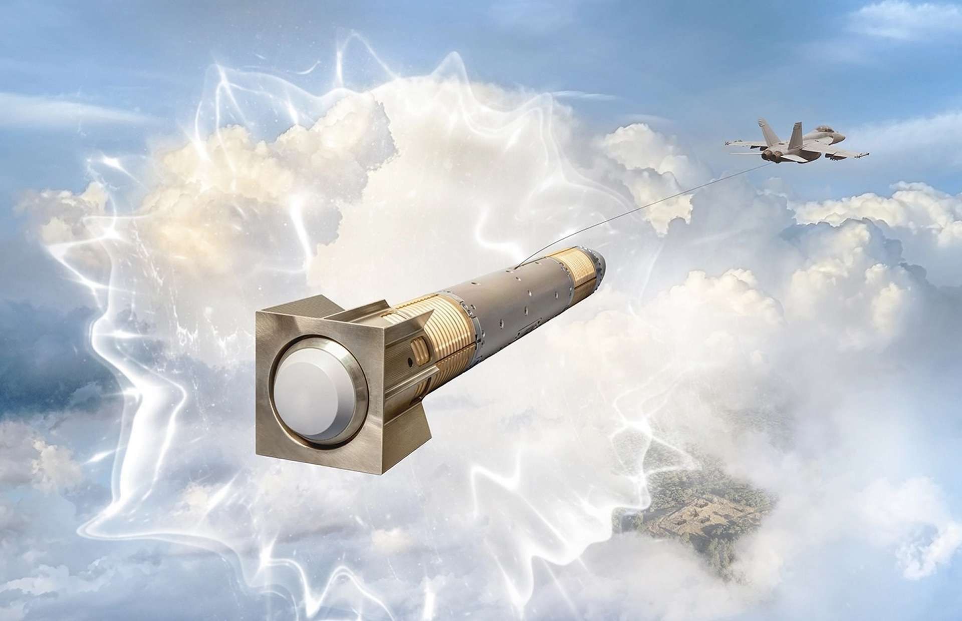 BAE Systems radio frequency countermeasures protect fighter aircraft by deploying a towed decoy that replicates and exaggerates the aircraft’s radar signature, misleading radar-guided missile seekers during the final engagement phase and significantly improving survivability against modern, networked air defense systems (Picture source: BAE Systems).