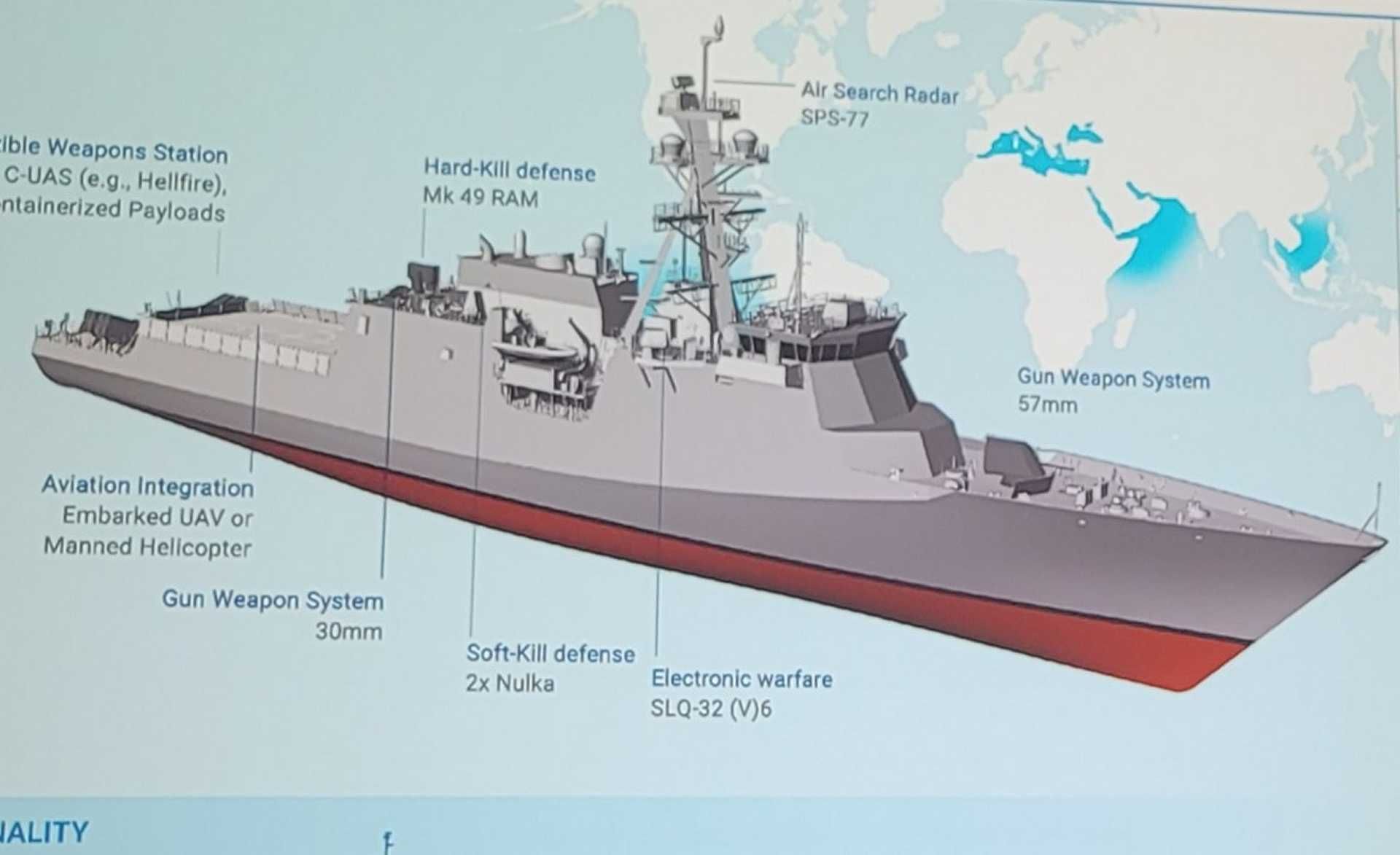 The FF(X) frigate will have a length of 421 ft (128.3 m), a beam of 54 ft (16.5 m), a draft of 22 ft (6.7 m), and a displacement of 4,750 t, with a maximum speed of 28 knots (52 km/h), an endurance of 60 days, and a range of 12,000 nautical miles (22,224 km). (Picture source: X/Chris Cavas)