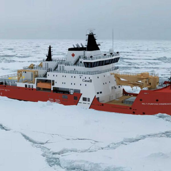 Seaspan's Multi-Purpose Icebreaker (MPI) can perform sustained Arctic operations with an endurance exceeding 60 days, a range of about 12,000 nautical miles, and an icebreaking capability through roughly 1.22 meters (4 feet) of ice. (Picture source: Seaspan)