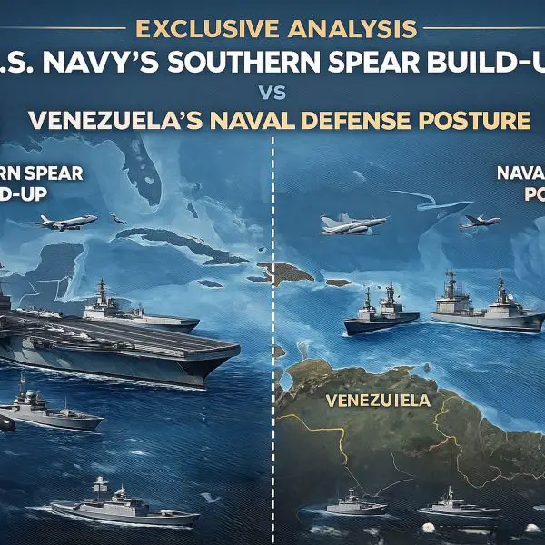 The U.S. Navy’s Operation Southern Spear has concentrated powerful carrier and destroyer forces near Venezuela, overshadowing Venezuela’s smaller coastal fleet (Picture Source: AI-Generated)