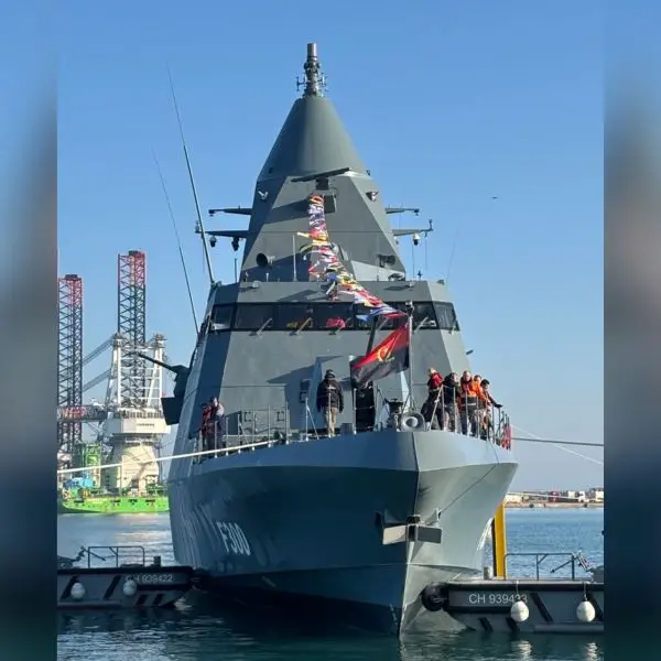 The first BR71 MK II Combattante multi-mission corvette NRA Ekuikui II is launched in Cherbourg, France, on 10 March 2026 for the Angolan Navy (Picture source: Edge)