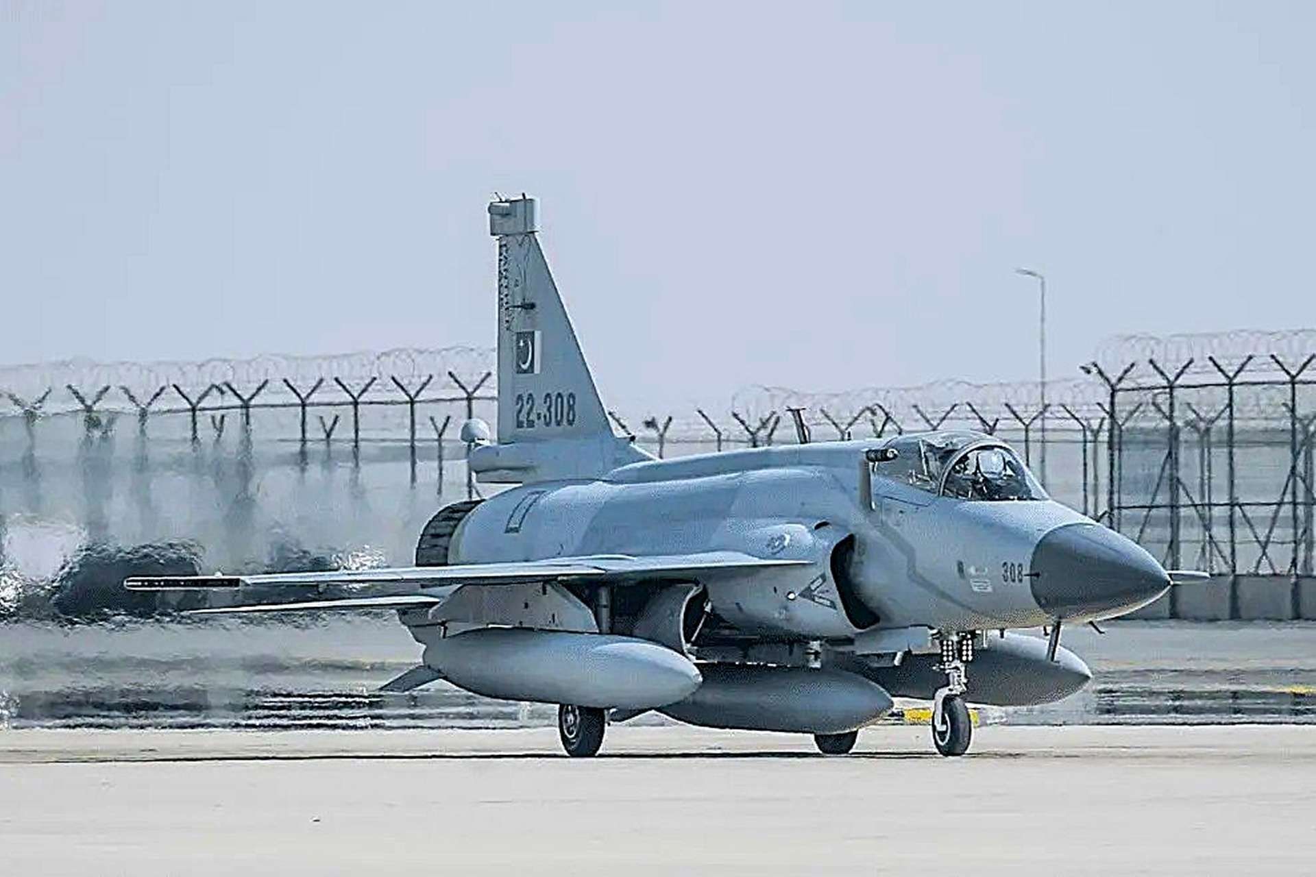 A Pakistan Air Force JF-17 Block III multirole fighter is seen on an Azerbaijani runway equipped with an AESA radar, precision-guided munitions, and in-flight refueling probe during the Indus Shield Alpha exercise (Pakistan Air Force)