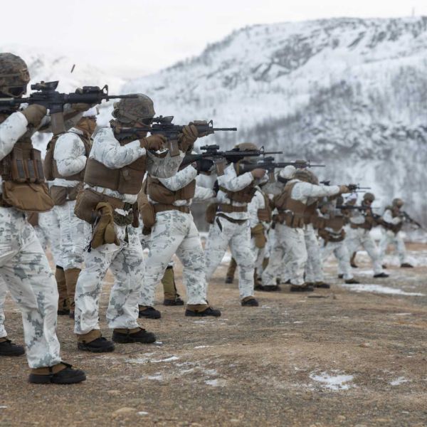 U.S. Marines and Sailors assigned to 2nd Distribution Support Battalion, Combat Logistics Regiment 27, 2nd Marine Logistics Group, conduct cold-weather live-fire rifle training at Elvegardsmoen, Norway, on February 19, 2026, as part of their preparation for Exercise Cold Response 26.