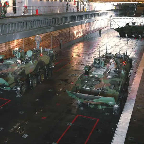 U.S. Marines assigned to the 1st Marine Division stage Amphibious Combat Vehicles inside the flooded well deck of USS Ashland (LSD 48) during ship-to-shore readiness drills off the California coast on February 20, 2026.