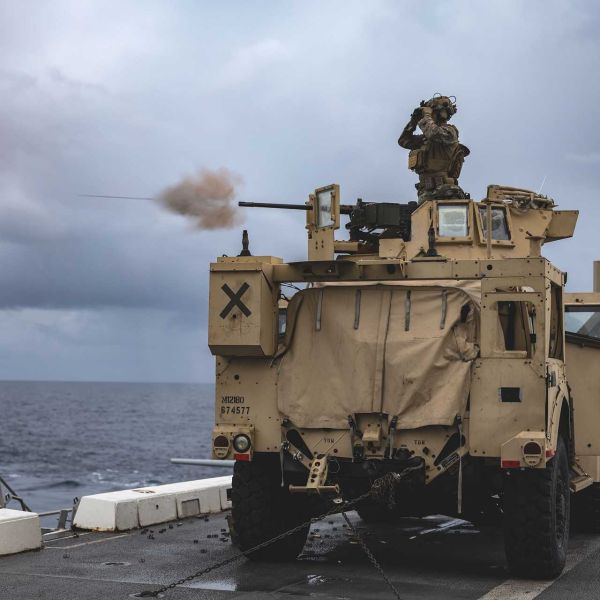 U.S. Marines of the 22nd MEU’s BLT 3/6, Lakota Weapons Company, conduct live-fire training with JLTVs armed with .50 caliber machine guns on the flight deck of USS San Antonio (LPD 17) during operations in the Caribbean Sea.