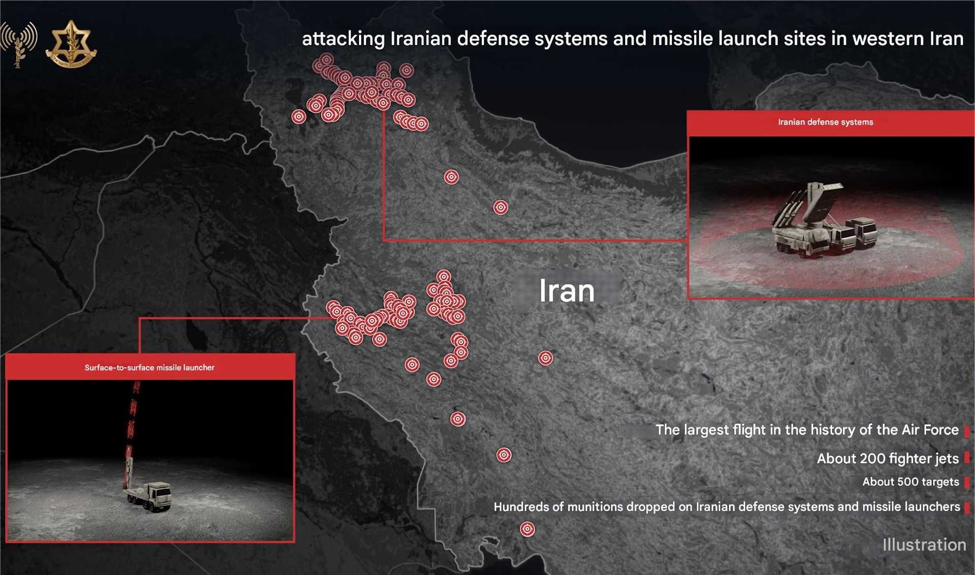 Map released by the Israeli Air Force illustrating Operation Epic Fury, a coordinated strike involving approximately 200 aircraft that targeted more than 500 Iranian missile and air defense sites, marking the largest air combat operation in Israel’s history.
