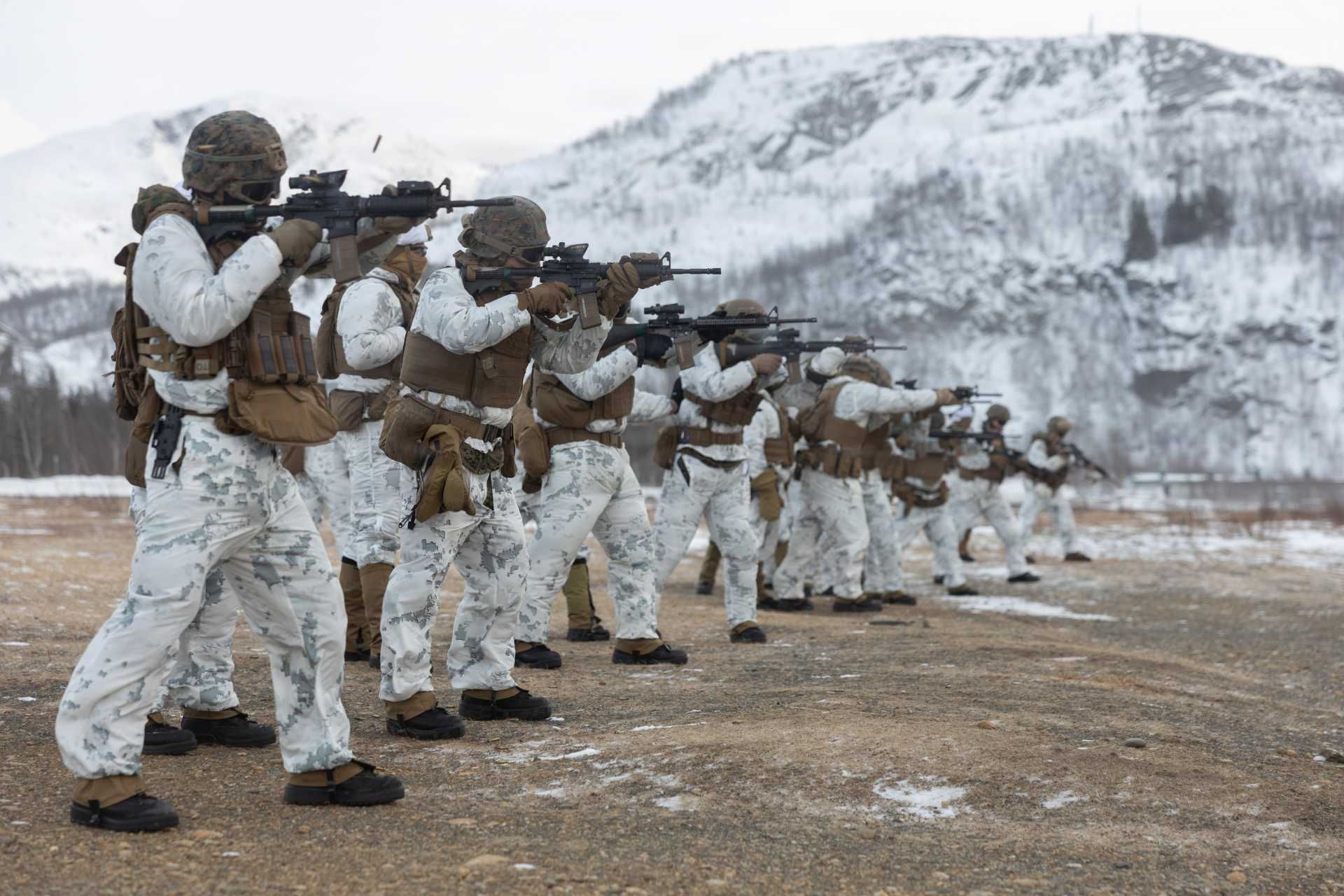 U.S. Marines and Sailors assigned to 2nd Distribution Support Battalion, Combat Logistics Regiment 27, 2nd Marine Logistics Group, conduct cold-weather live-fire rifle training at Elvegardsmoen, Norway, on February 19, 2026, as part of their preparation for Exercise Cold Response 26.