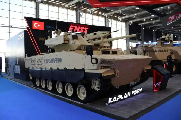 The FNSS Kaplan FSRV Fire Support and Reconnaissance Vehicle displayed at World Defense Show 2026 in Saudi Arabia, featuring the TEBER II two-man turret and Mk44 30 mm cannon, marking its first public international appearance.