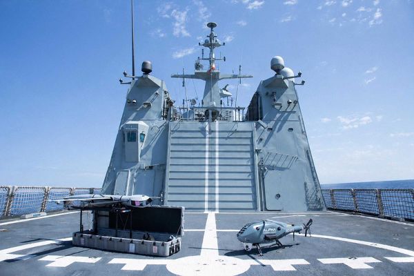 Airbus Flexrotor and Alpha A900 unmanned aerial vehicles operate from the Spanish Navy offshore patrol vessel Rayo during maritime ISTAR trials in Rota, Spain, validating real-time drone integration with the Navy’s NAIAD and SCOMBA combat management systems.