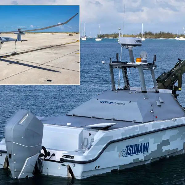During FLEX 2026 in Key West, the Vanilla long-endurance UAS and Textron Systems TSUNAMI USV illustrate a distributed kill chain linking persistent aerial surveillance with high-speed surface interception capabilities (Picture source: US DoD)