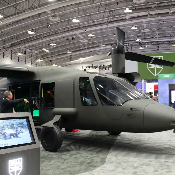 Bell Textron displays a full-scale model of its MV-75 tiltrotor aircraft at the AUSA 2025 exposition, highlighting the next generation of U.S. Army vertical lift technology.