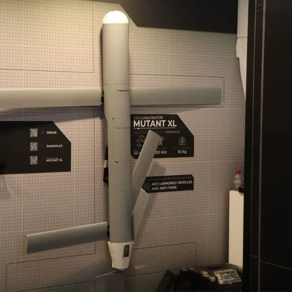 Delair showcases the MUTANT XL loitering munition at BEDEX Brussels 2026 under France’s Larinae program for land force drone strike capabilities. (Picture source: ArmyRecognition)